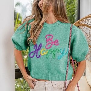 BiBi Colorful "Be Happy" Turquoise Sweater